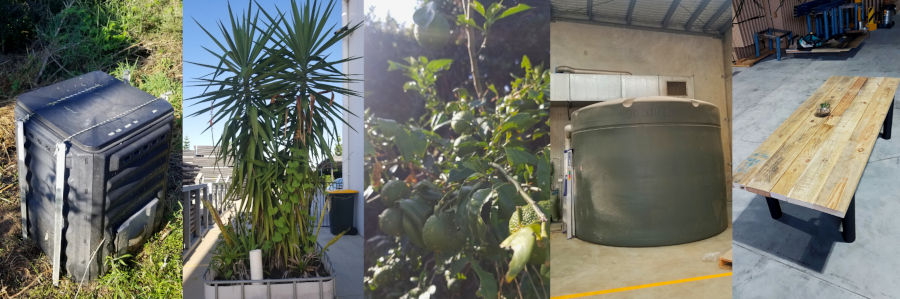 (From left to right: Yard composting, moveable tree pot from disused IBC, resident Yuzu tree, rainwater tank, coffee table from broken pallets)